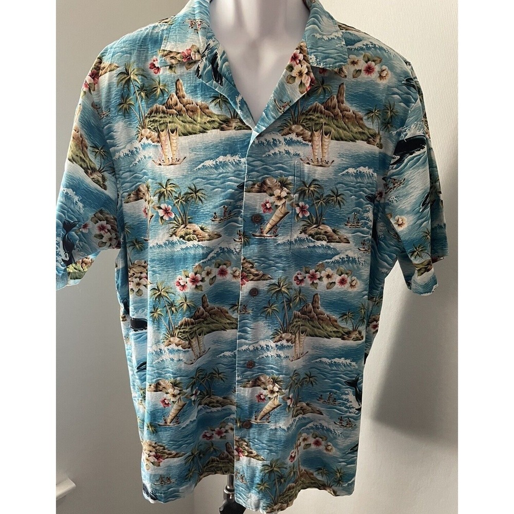 Vintage RJC Hawaiian Floral Palm Tree Sailing Surf‎ Whale Aloha Shirt Mens XL